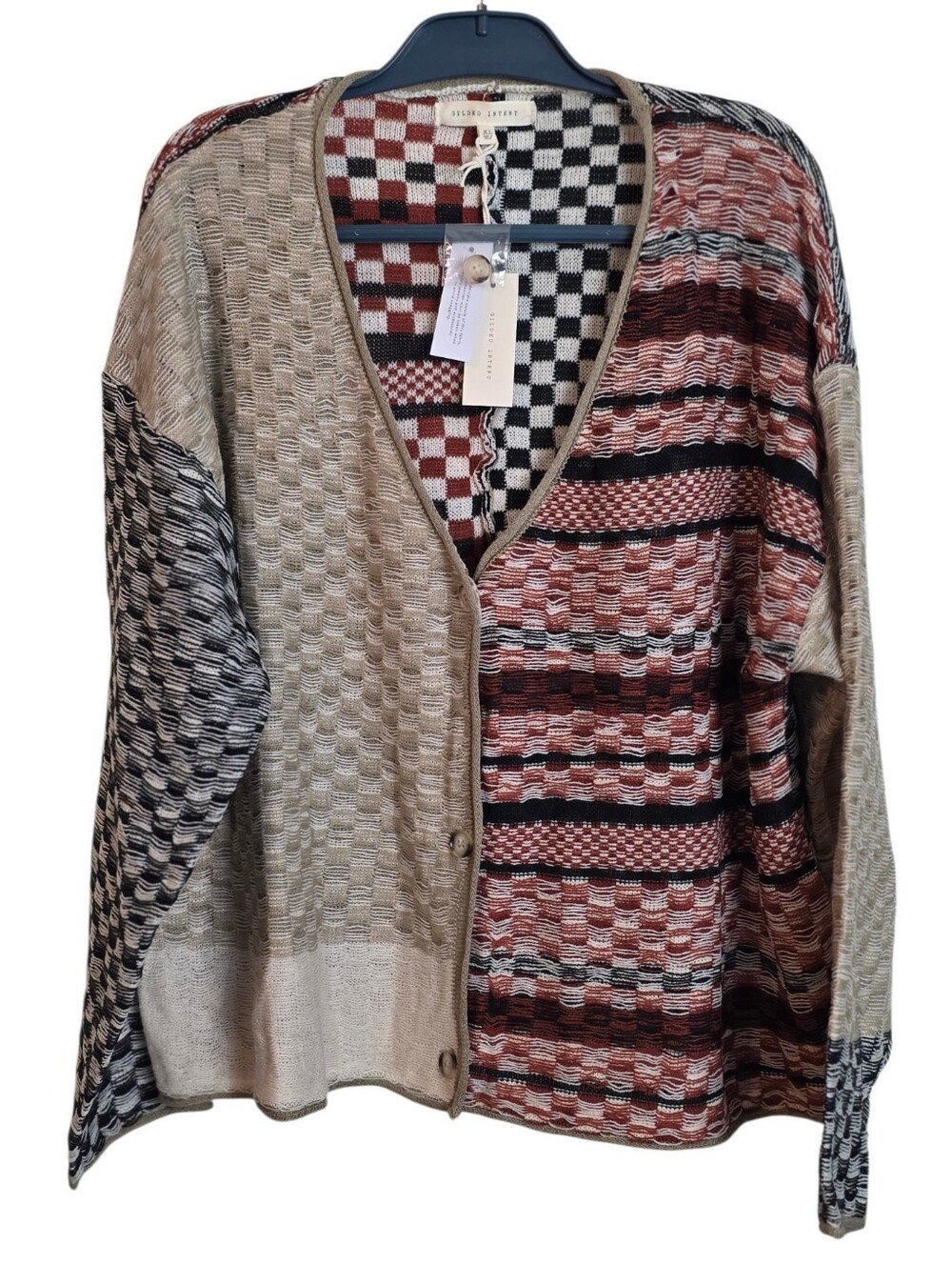 Gilded Intent XL Patchwork Checkered Knit Cardigan Sweater Rust Black Boho - Picture 2 of 16